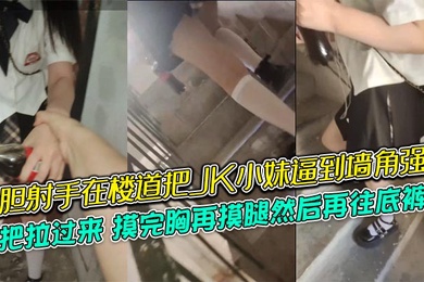 大胆射手在楼道把JK小妹逼到墙角强摸，一把拉过来，摸完胸再摸腿然后再往底裤掏，牛逼